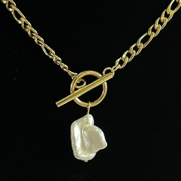 18K Gold Plated Chain Link Baroque‎ Freshwater Pearl Pendant Necklace 17..5in - Picture 9 of 10